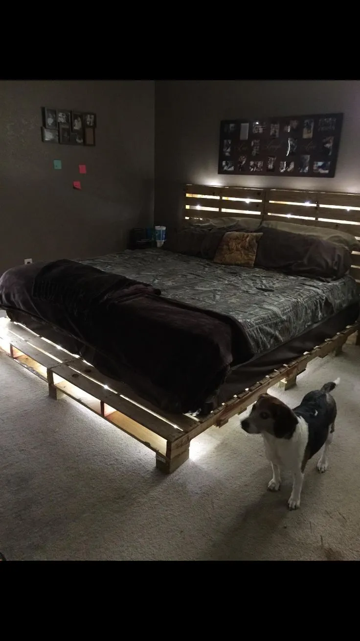 Illuminated pallet bed and wooden headboard with a dog beside it